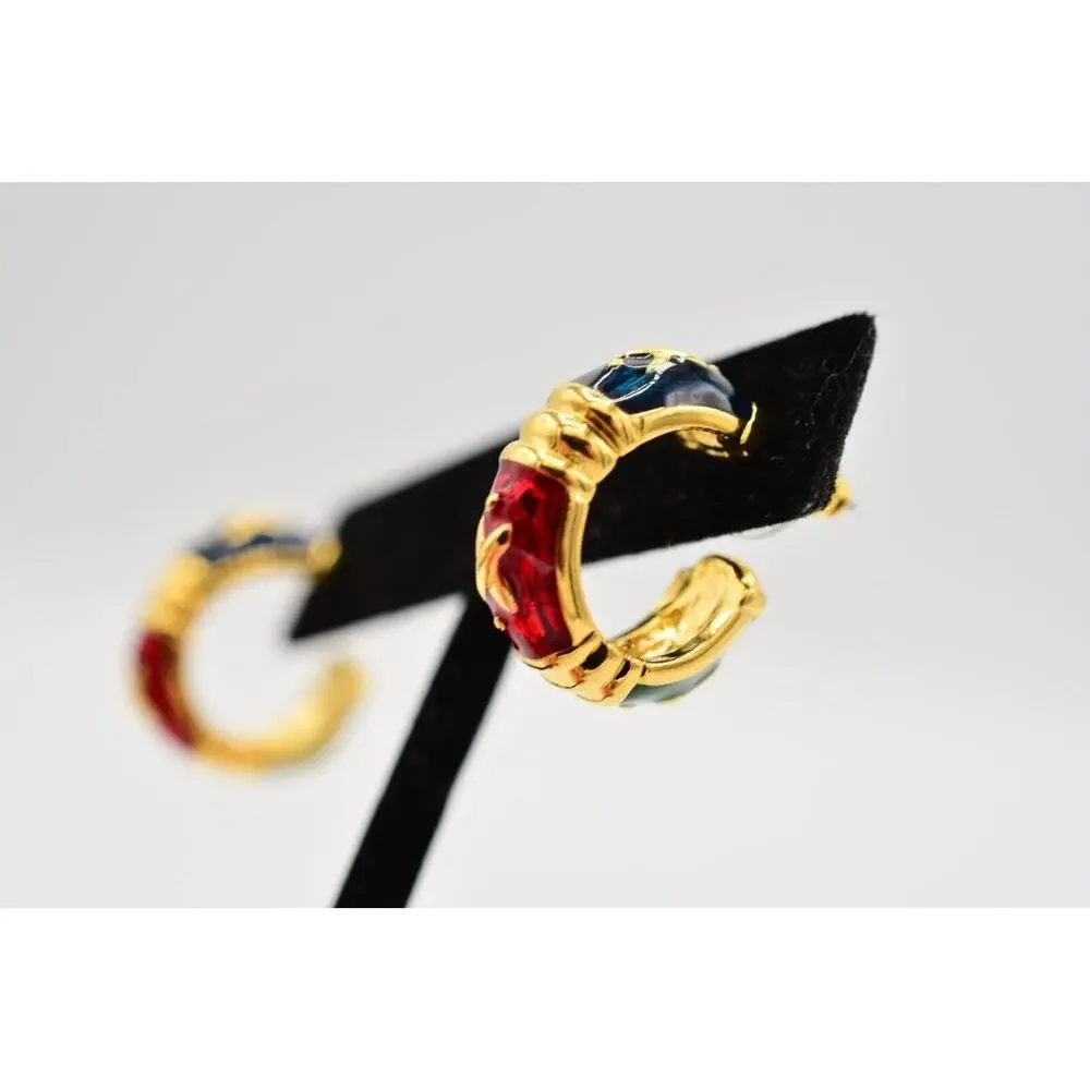 Joan Rivers Vintage Earrings Demi Hoops Blue Red Green Enamel Gold Signed 9H